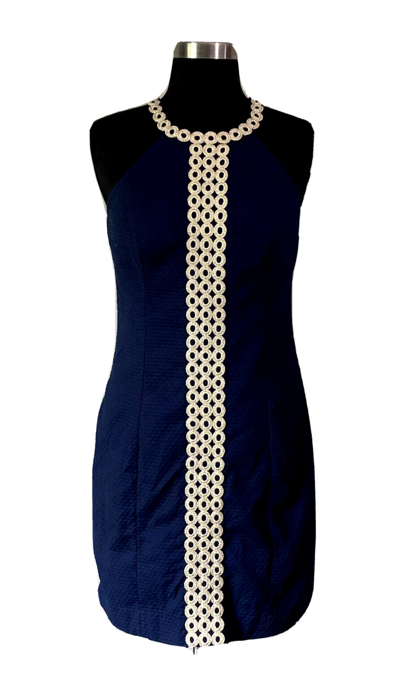 Lilly Pulitzer Sasha Shift Dress Navy and Gold Size 0 Sleeveless Halter Summer